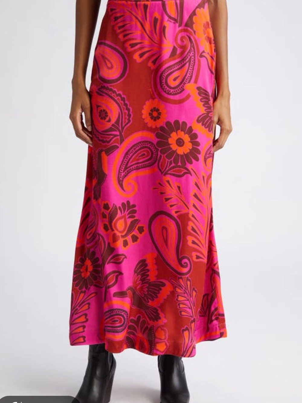 Farm Rio Bright Pink & Red Floral Paisley Maxi Skirt